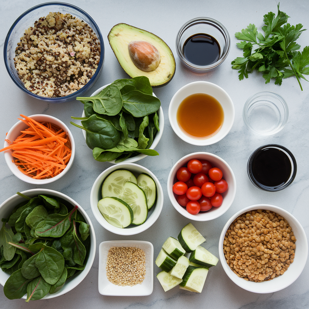 Lentil & Quinoa Buddha Bowl: a quick, protein-packed, plant-based meal with vibrant veggies, quinoa, and a creamy tahini dressing 🥗🌱 Perfect for healthy living!
