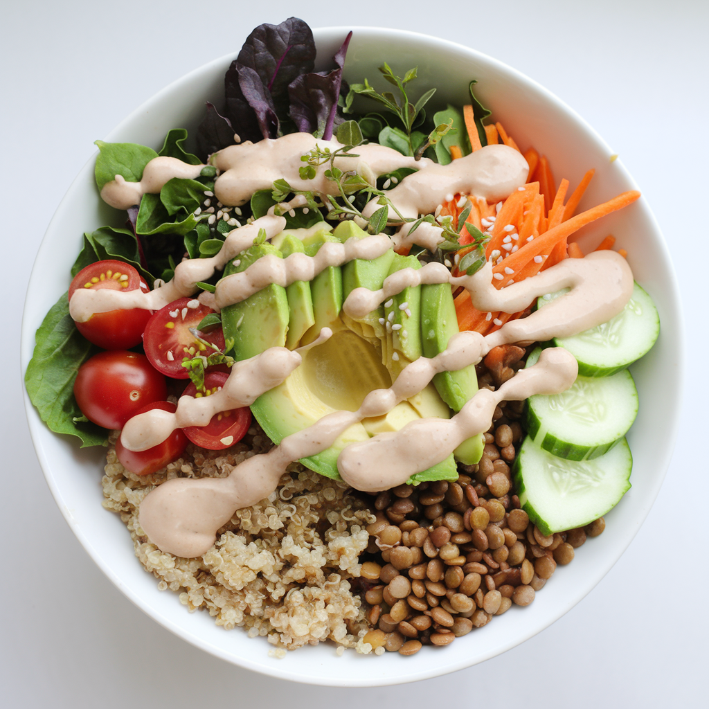 Lentil & Quinoa Buddha Bowl: a quick, protein-packed, plant-based meal with vibrant veggies, quinoa, and a creamy tahini dressing 🥗🌱 Perfect for healthy living!