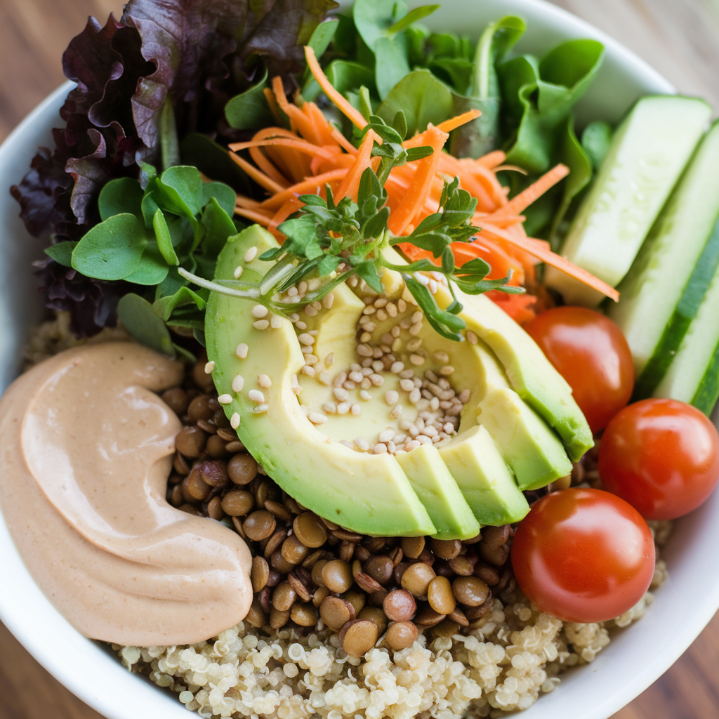 Lentil & Quinoa Buddha Bowl: a quick, protein-packed, plant-based meal with vibrant veggies, quinoa, and a creamy tahini dressing 🥗🌱 Perfect for healthy living!
