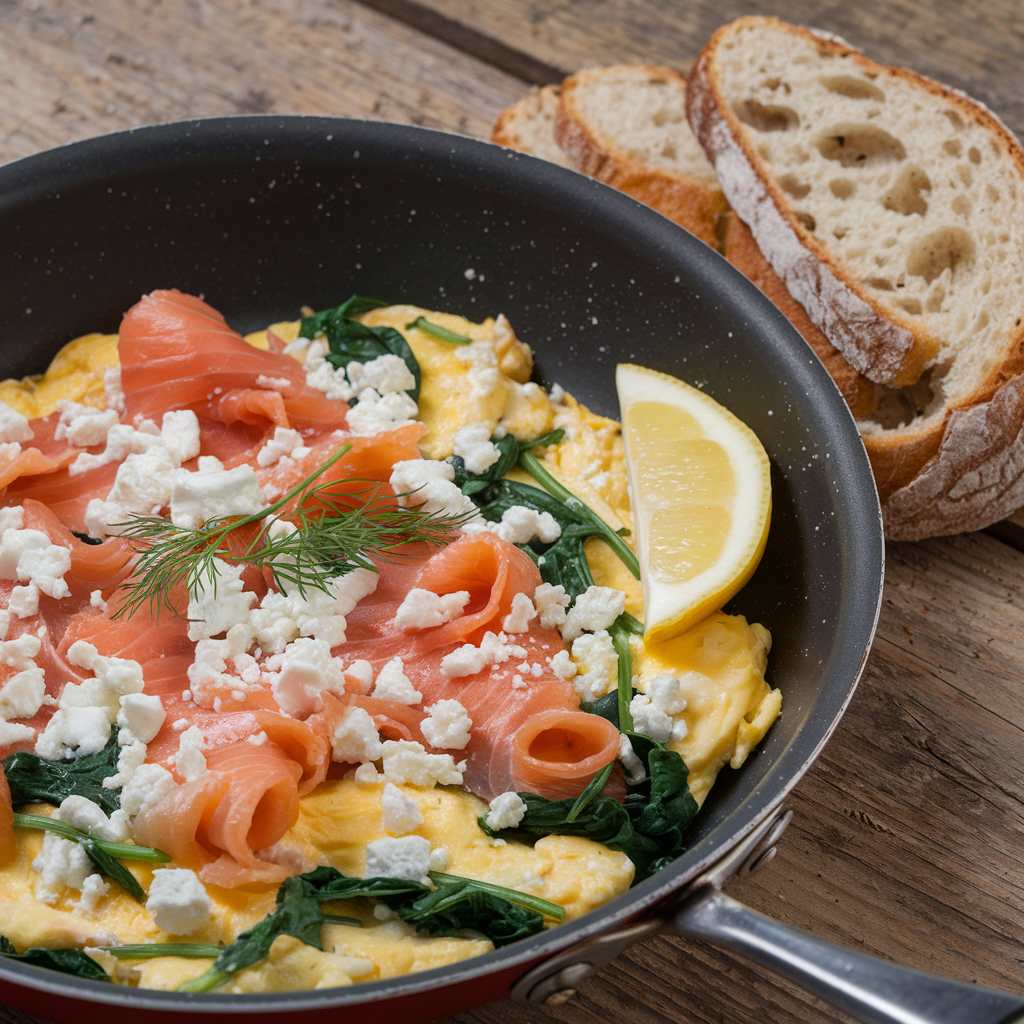 Transform your morning with this posh breakfast in a pan! 🥂🍳 Scrambled eggs, smoked salmon, spinach & feta come together in 15 mins for a luxurious start to your day.