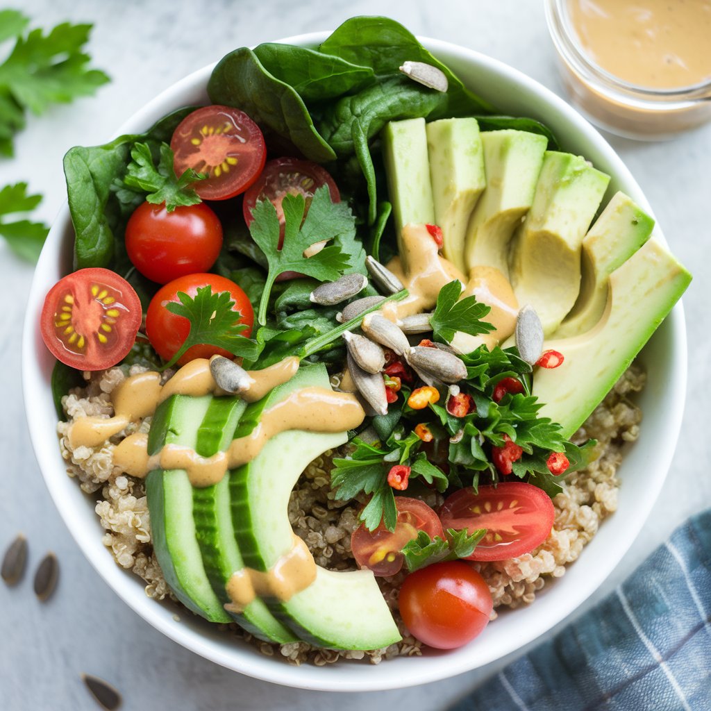 🌱 Satisfy your taste buds with this plant-based quinoa bowl! Packed with veggies, protein, and a creamy tahini dressing, it’s the perfect quick and healthy meal. 🥑🍋